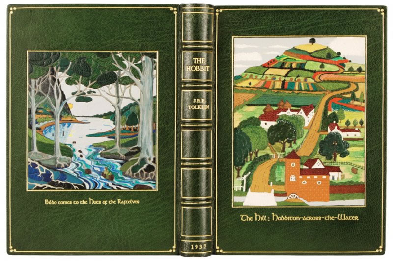 To honor the art by JRR Tolkien, the Chelsea Bindery has taken his illustrations to decorate this first impression of the Hobbit, using superb onlays.