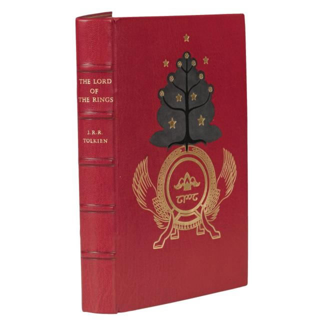 The full red morocco by Bayntun-Riviere with tolkien's design, originally used for the India paper edition cover, in gilt together with grey and black morocco onlays really is wonderful.